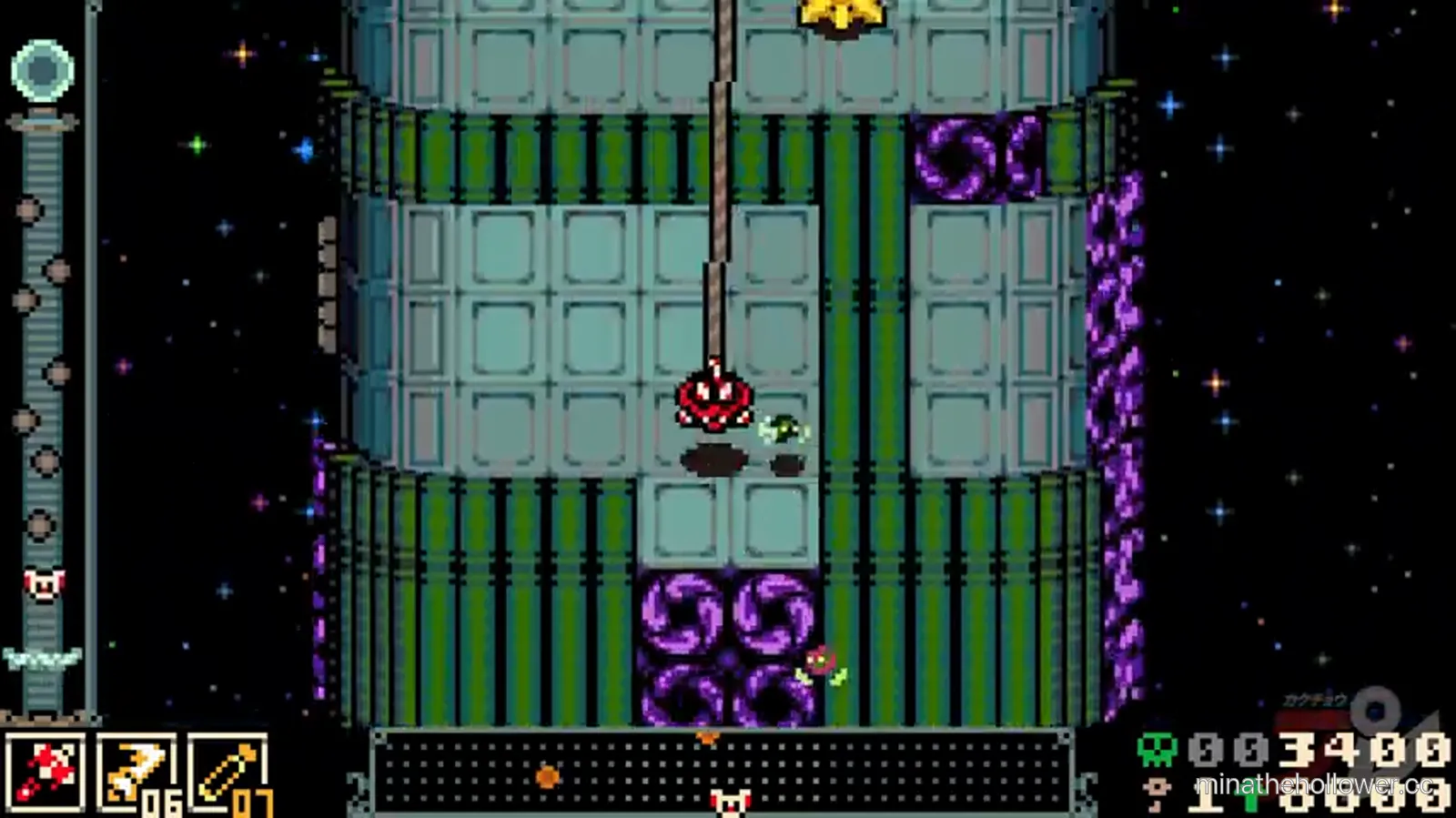Astral Orrery tower climb opening — purple-and-violet hex-grid floor with celestial mirror frames on the walls.
