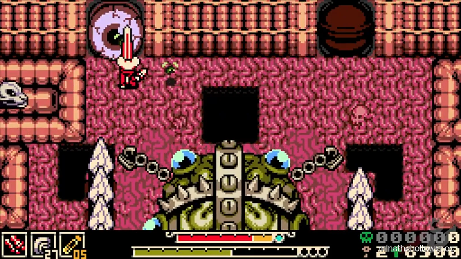 Mined Mind arena establishing — fleshy pink-and-green cavern, large pulsing brain centred on the rear wall, Mina approaches from the south. Compilation t=31:38.