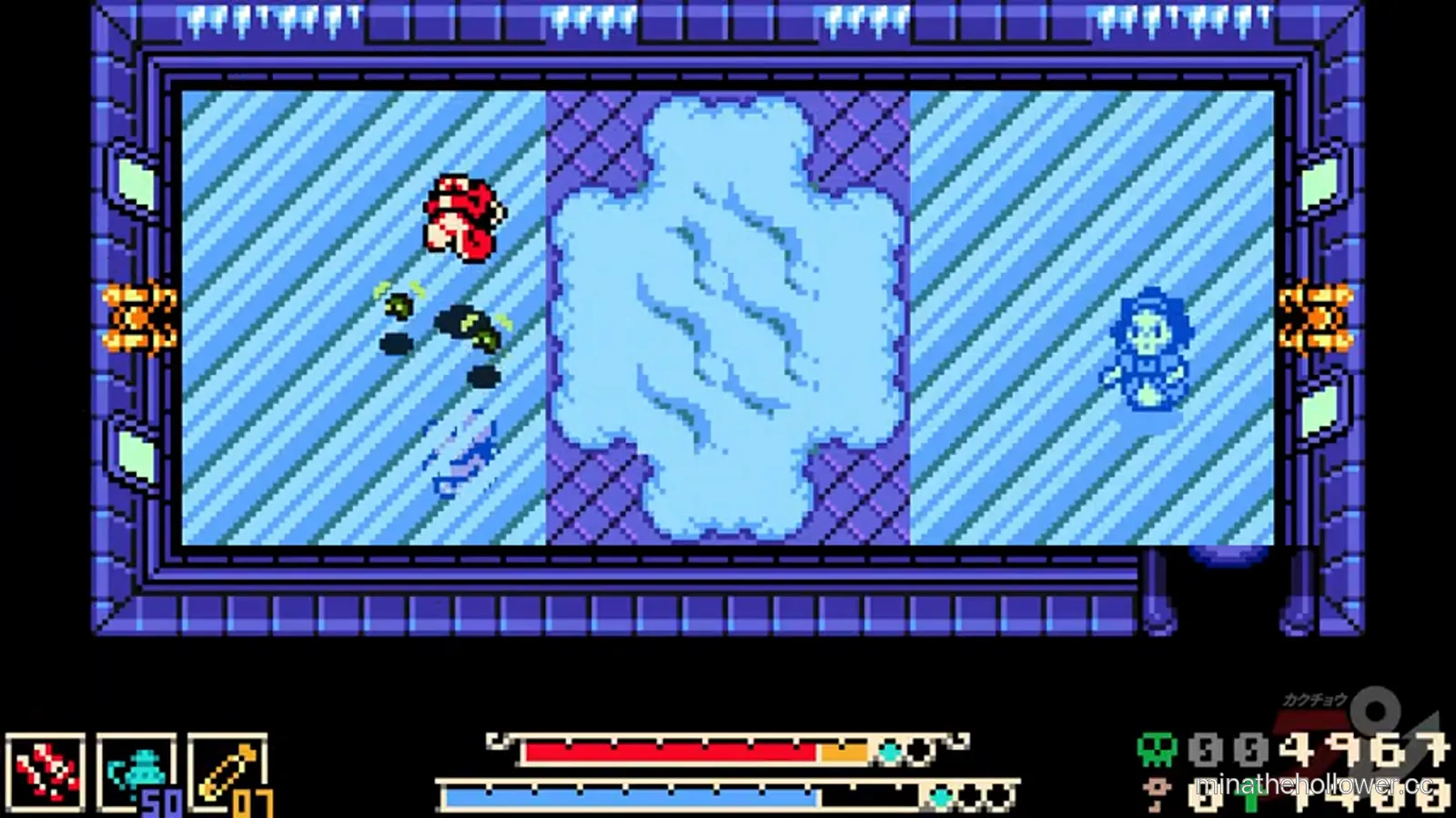 Icebound Cavern boss arena — vertical three-lane ice cavern, Mina at top-left, small blue figure at right edge, icicle ceiling visible. Compilation t=42:23.