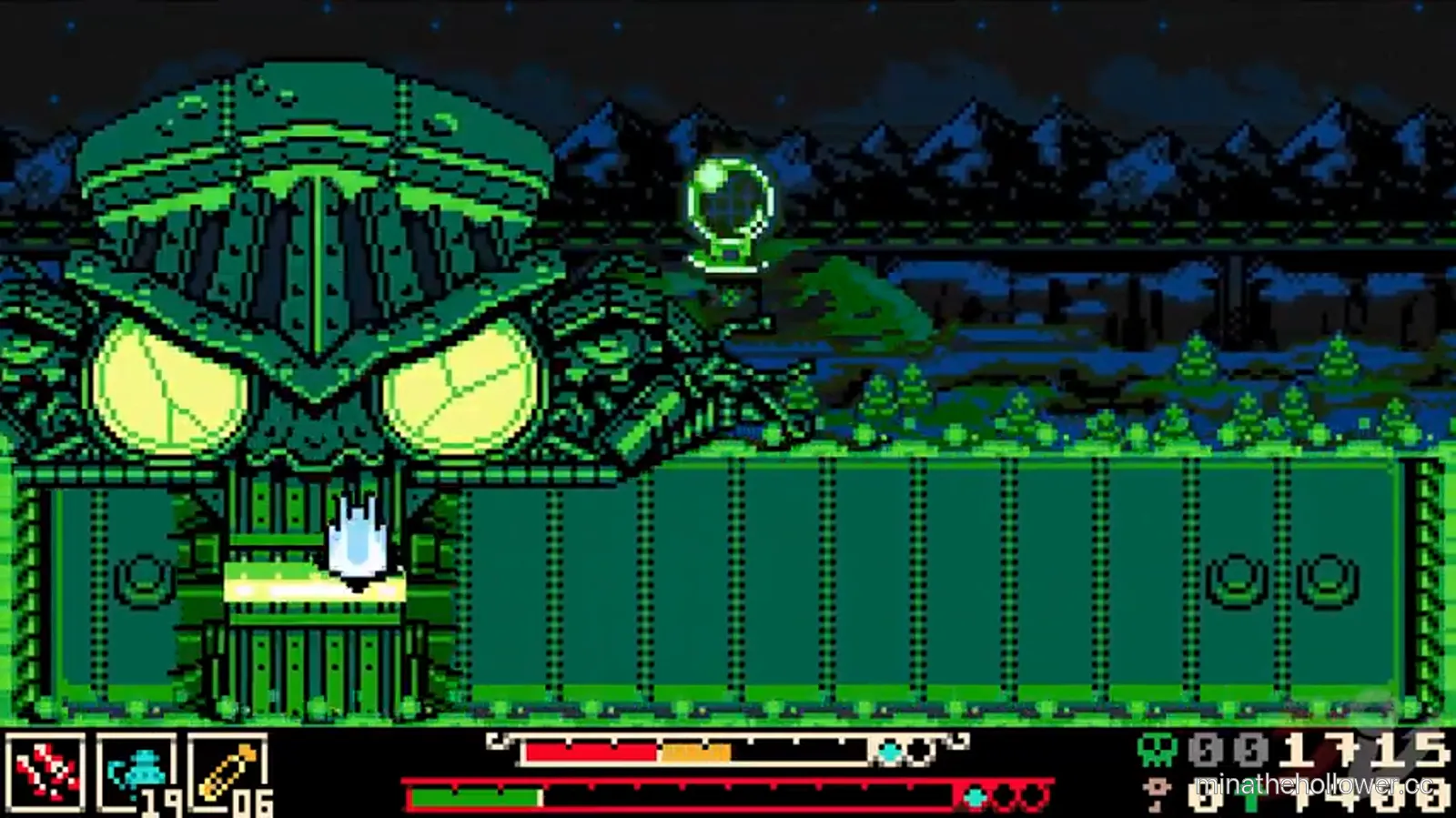 Locomotress Agnes establishing — green locomotive boss with yellow eye-headlights, Mina rides centre-top, green orb projectile rising on the right, snowy night sky with mountains. Compilation t=47:19.