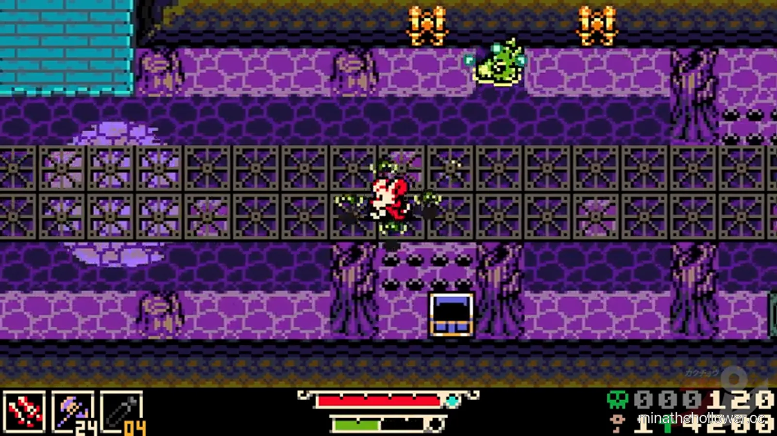 Nox Beast arena open — multi-tier purple-stone bog, small green frog-like enemy top-right, Mina centre with green spores around her, treasure chest visible bottom-centre. Compilation t=16:00.