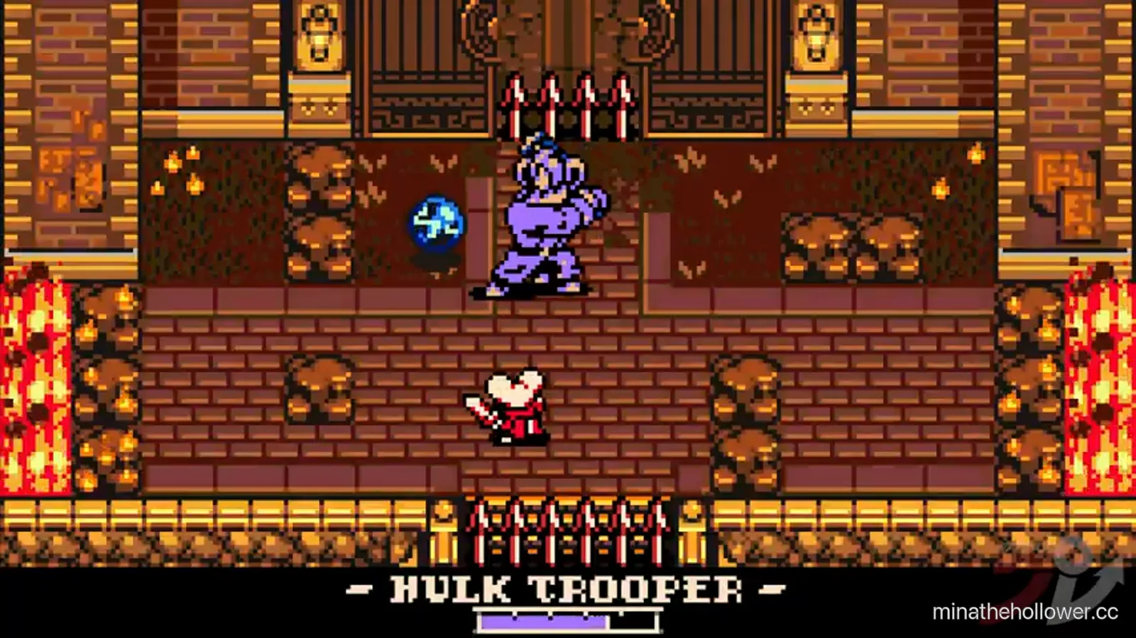 Hulk Trooper arena entrance — boss banner reads HULK TROOPER, the purple-armored brute holds a cyan orb above his head while Mina stands on the lower brick floor between lava pillars and red spike strips.