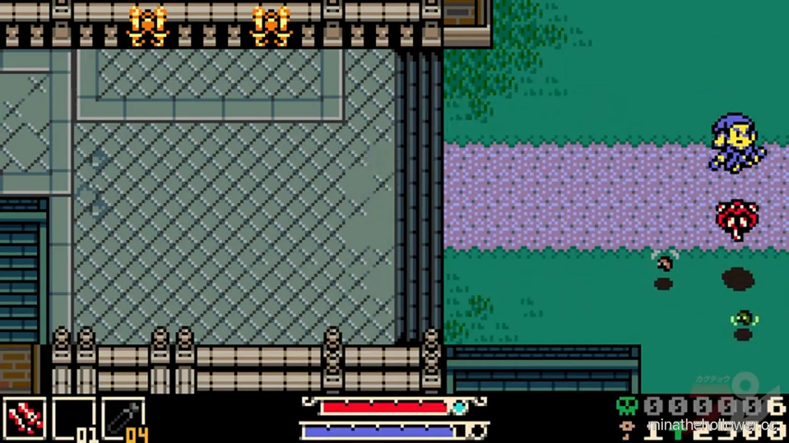 Maxi encounter opens — yellow-haired figure in blue coat appears on the stone half of the split arena, Mina enters from the grass half on the right. Compilation t=12:39.