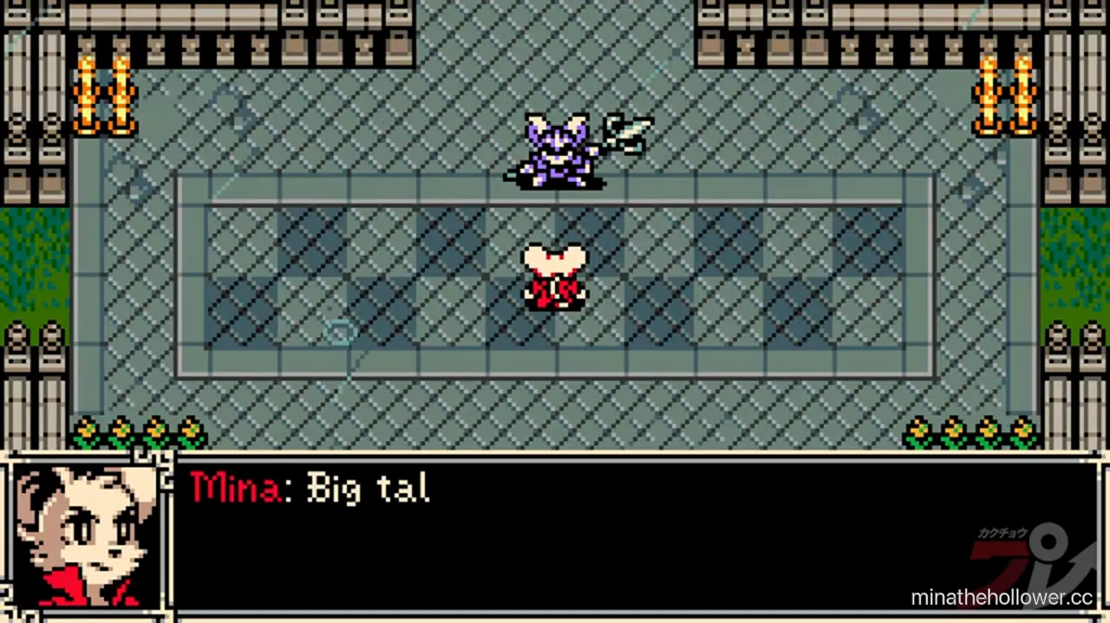 Thorne phase 1 pre-fight — Radiant Manor courtyard, Thorne stands top-centre with raised blade, Mina face-up centre, dialogue box reads 'Mina: Big tal...' compilation t=2:36.