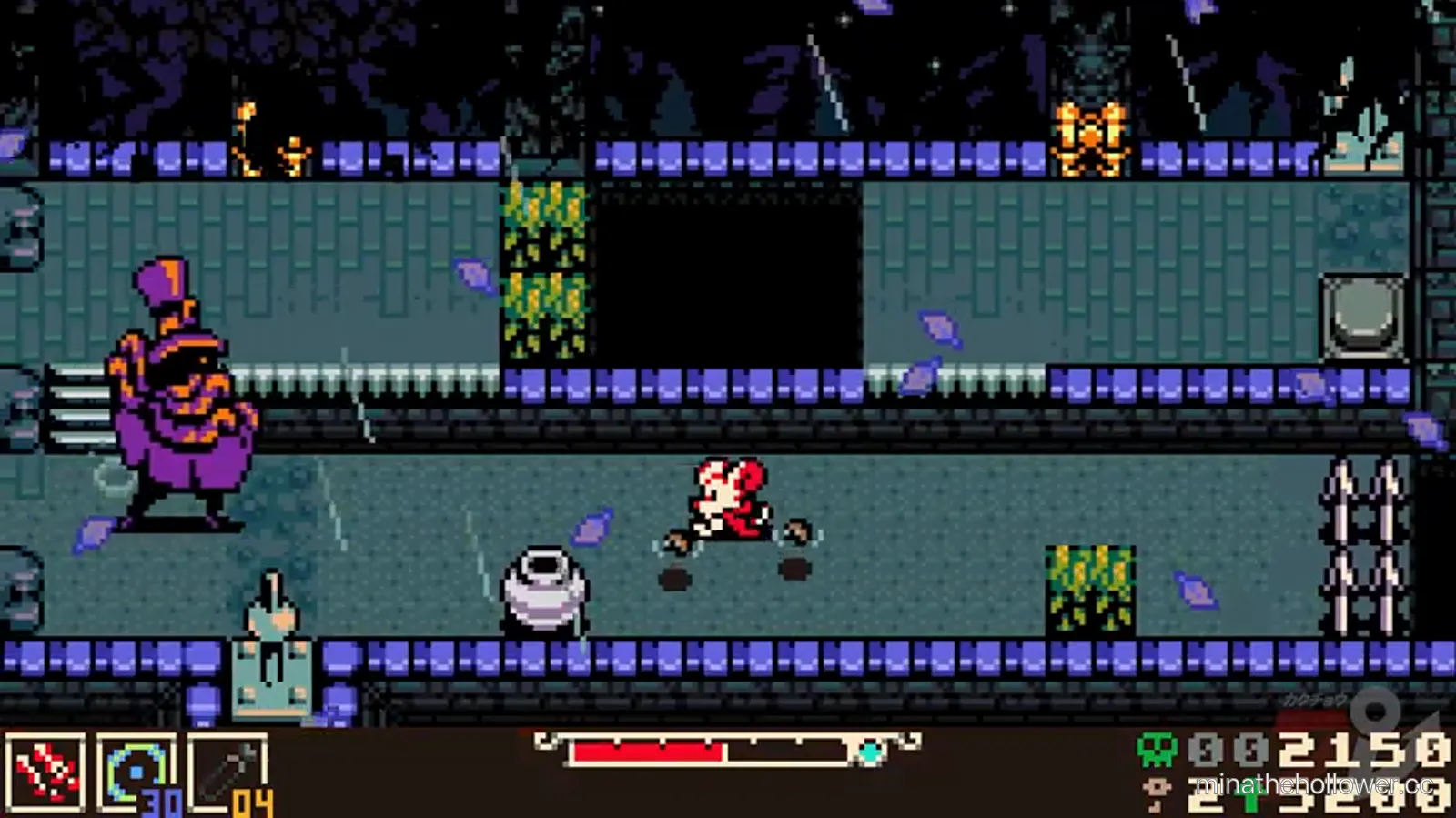 The Carving Man pre-fight — purple-cloaked figure with conductor's hat enters the Carving Shack from the left, multi-tier brick arena, blue spike tile bands on the upper level. Compilation t=23:19.