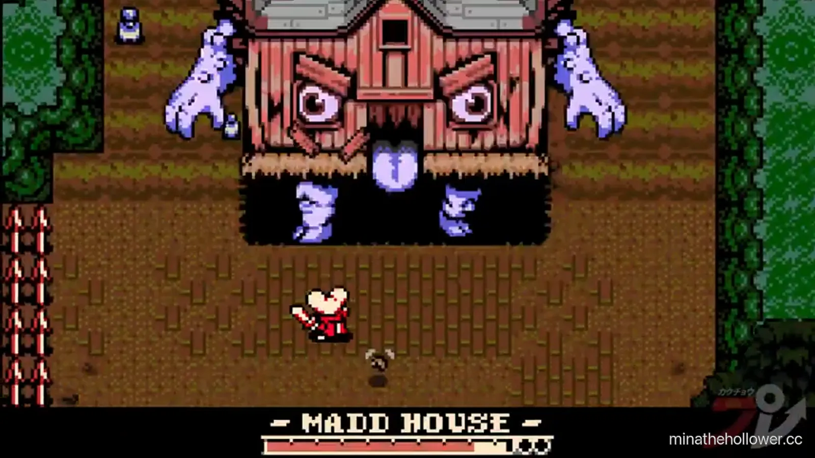 Madd House encounter open — large haunted-farmhouse boss with pink-glowing window eyes, slit-mouth door, two purple ghost-hand arms. Boss banner 'MADD HOUSE' visible bottom. Compilation t=21:22.