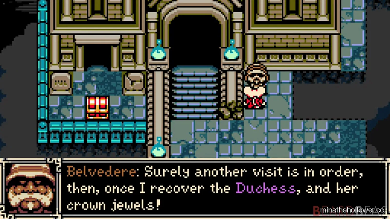 Queensbury Crypt entry — Belvedere NPC dialogue: 'Surely another visit is in order, then, once I recover the Duchess, and her crown jewels!' Establishes the Duchess-recovery objective. BeardBear t=1:14:00.