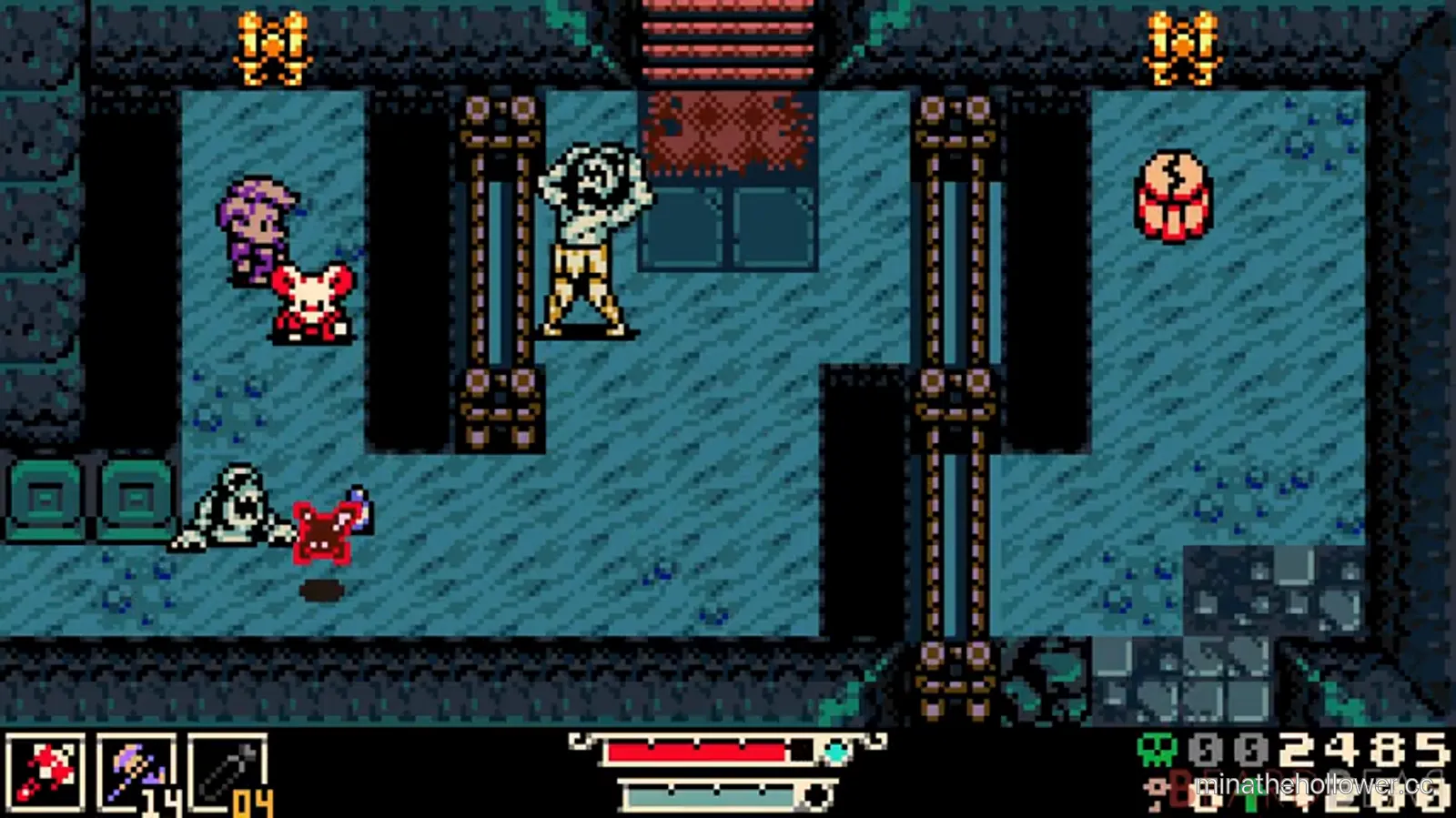 Queensbury Crypt mid-region — Lady NPC encountered next to a hulking minion silhouette. The Spark-Generator descent into Queensbury Crypt proper. BeardBear t=1:35:00.