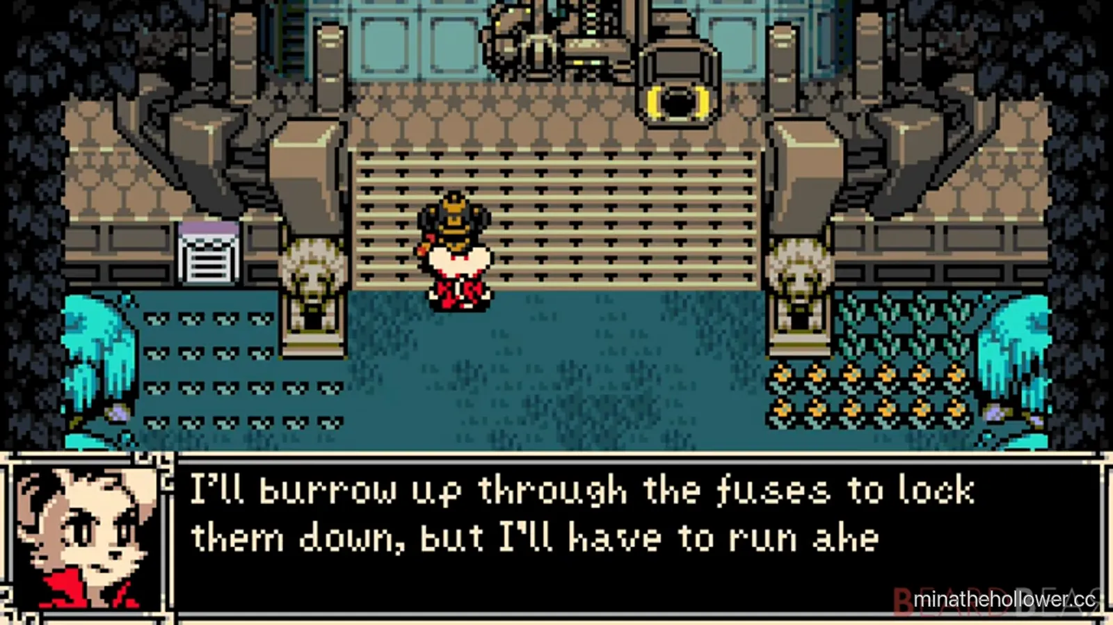 Queensbury Crypt — Mole NPC dialogue: 'I'll burrow up through the fuses to lock them down, but I'll have to run ahe...' The Spark-Generator infrastructure that ties into the Duke quest. BeardBear t=1:40:00.