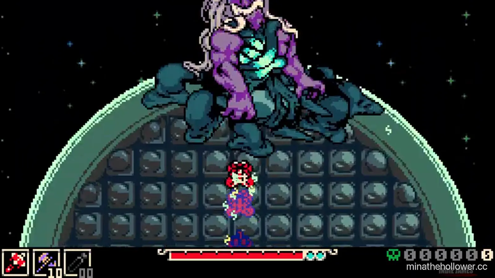 Lionel phase 3 death — the giant purple-haired final form slumps on the cosmic dais after Mina's killing blow. Mina visible bottom-centre. Compilation t=11:36:30.