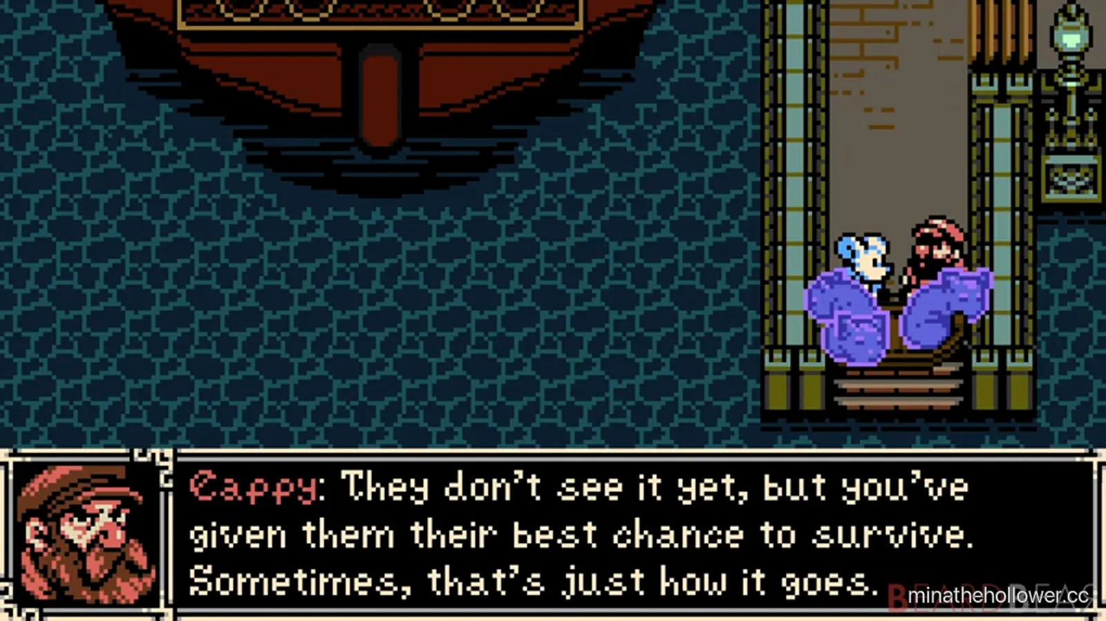 Cappy NPC dialogue — Mina seated under a hanging shipwreck inside an empty hall. Cappy says: 'They don't see it yet, but you've given them their best chance to survive. Sometimes, that's just how it goes.' BeardBear t=8:53:15.
