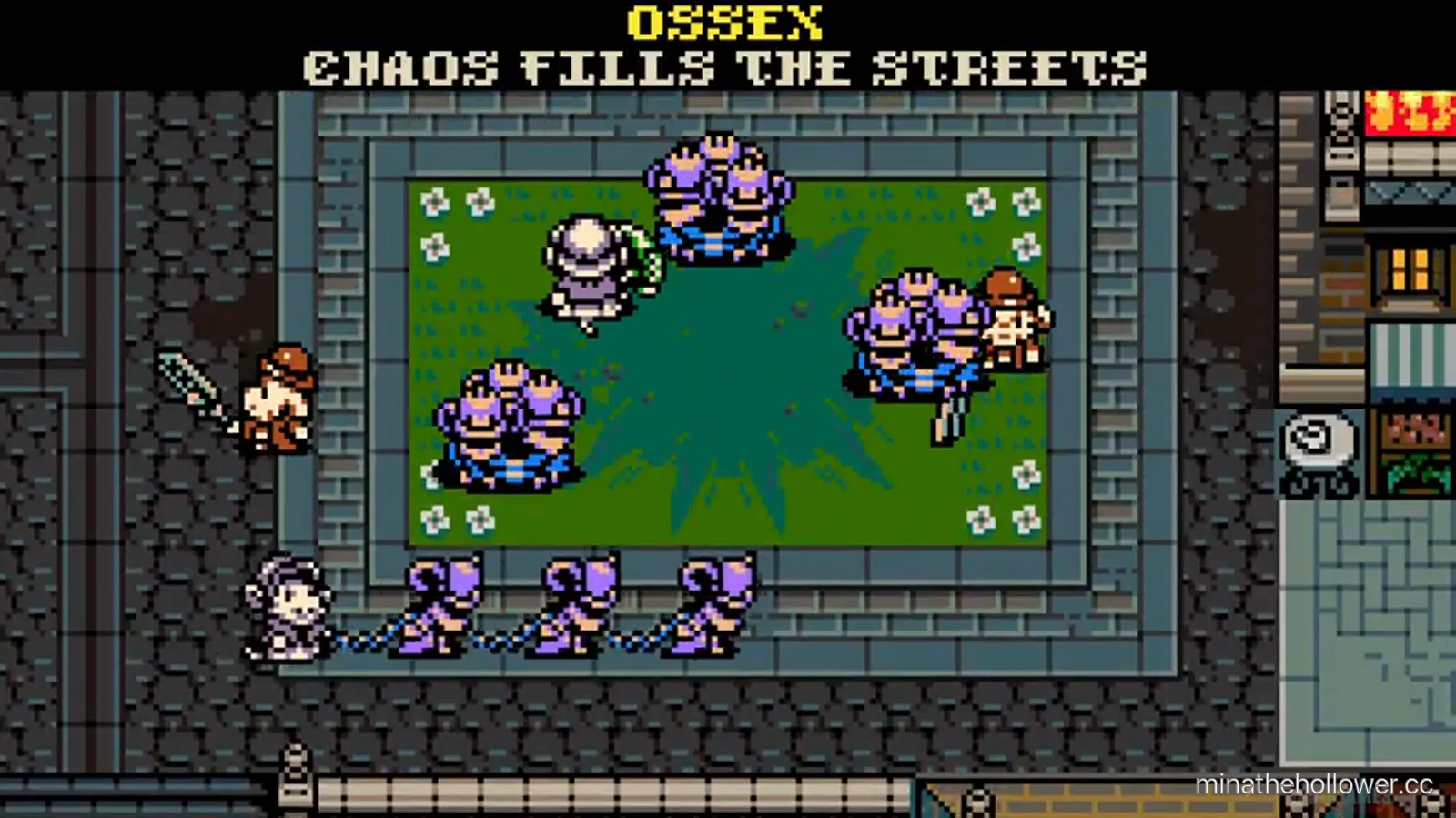 Post-credits world tour — OSSEX caption: CHAOS FILLS THE STREETS. Towns NPCs gather around a fallen body, fires still burning on the buildings.