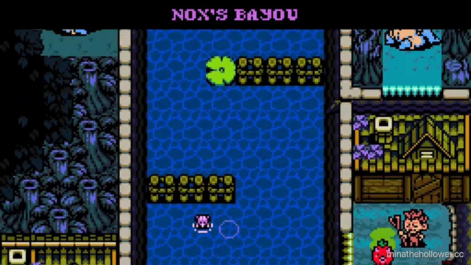 Post-credits world tour — NOX'S BAYOU caption. Swamp waters at peace, small mushroom creature crossing alone.