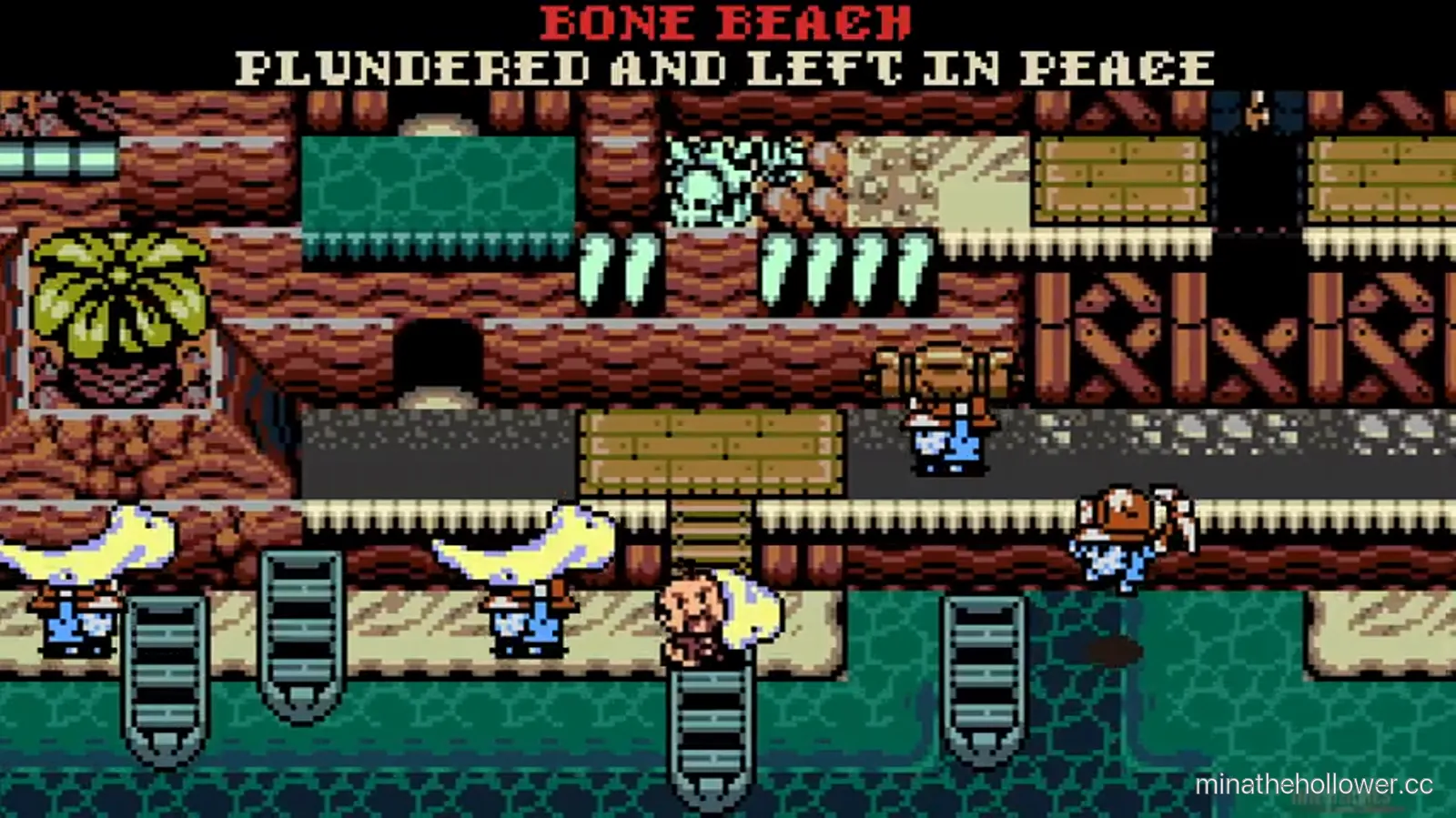 Post-credits world tour — BONE BEACH caption: PLUNDERED AND LEFT IN PEACE. NPCs walk a wooden ramp under skeletal arches.
