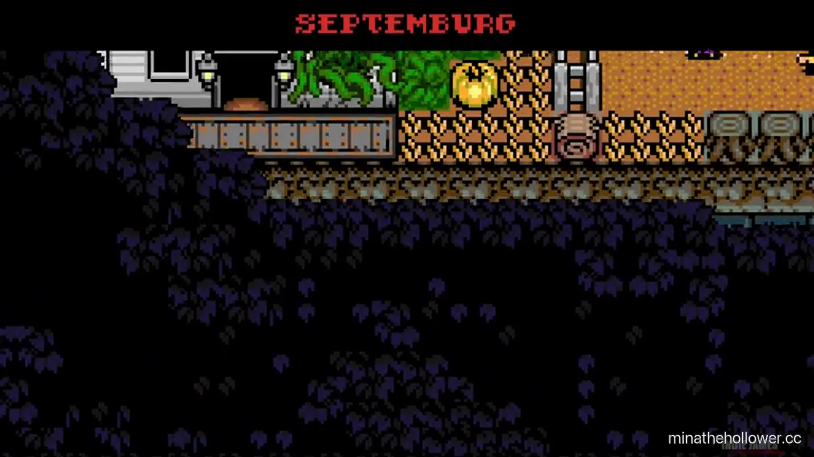Post-credits world tour — SEPTEMBURG caption. The farmland is overgrown with vines, train rails partially obscured by tall plants.