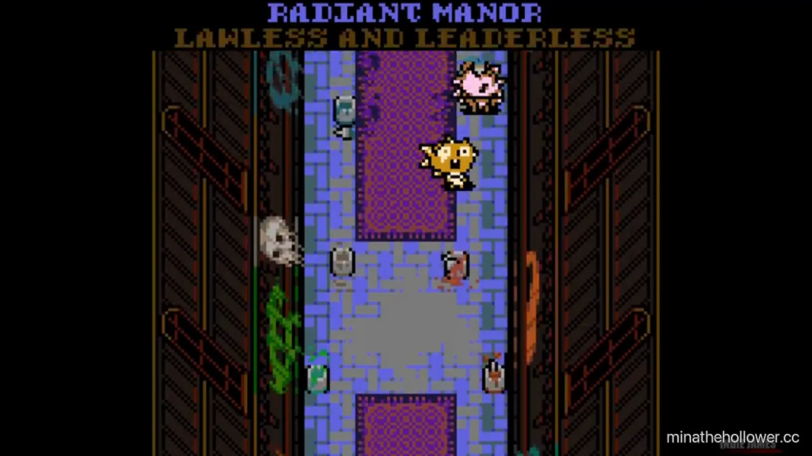 Post-credits world tour — RADIANT MANOR caption: LAWLESS AND LEADERLESS. The pink-and-violet manor floor with scattered objects; a skull crawls across the tiles.