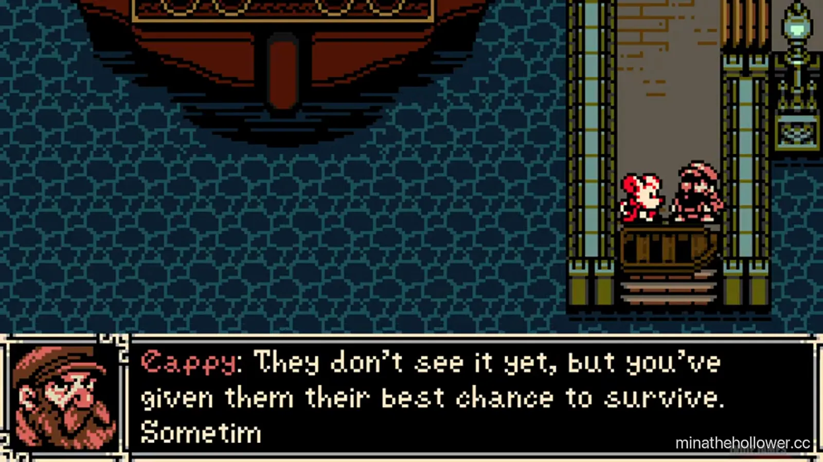 Cappy NPC dialogue scene — Mina seated on a bench inside an empty hall under a hanging shipwreck, Cappy beside her. Dialogue: 'Cappy: They don't see it yet, but you've given them their best chance to survive.'