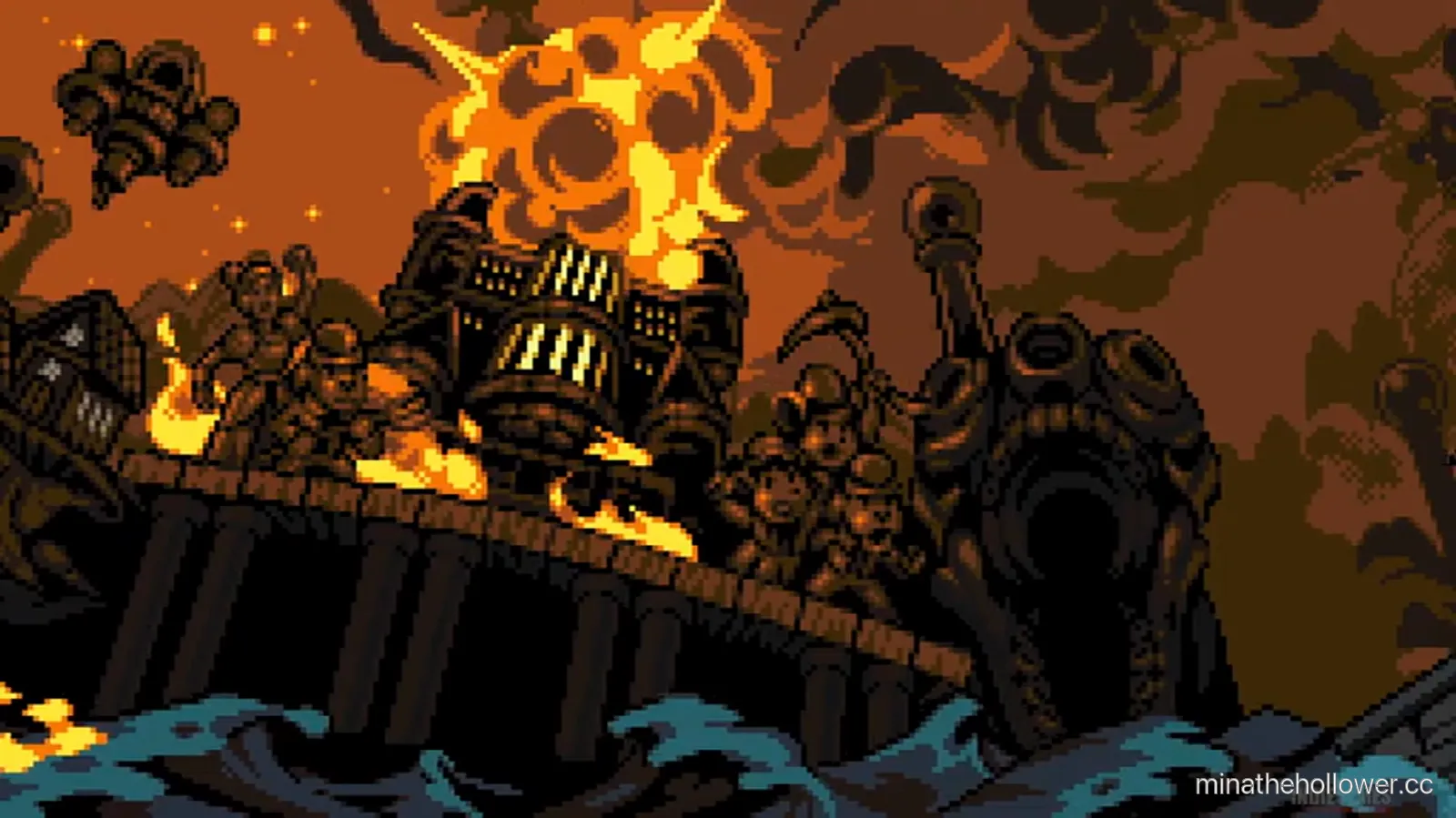 Cinematic intermission — the Yacht-Club fortress at sea engulfed in flame, smoke trail rising. Mina visible on a boat fleeing the wreckage.