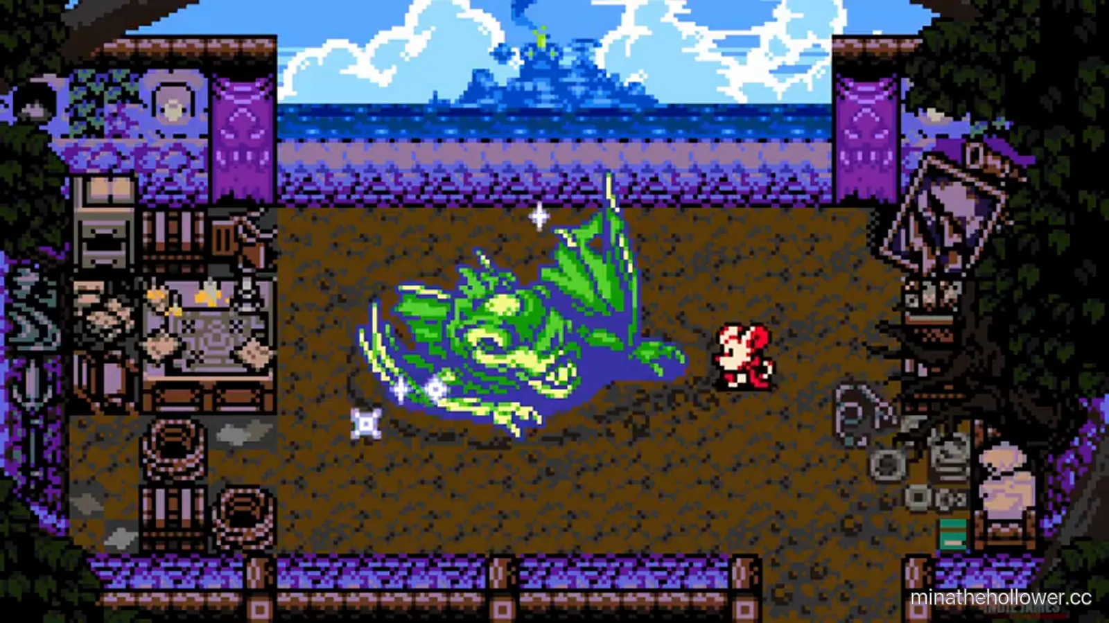 Credits sequence — sunset over the sea, Mina rides her boat home. Smoke from the destroyed fortress still visible on the horizon.